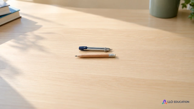 Petit compas fermé et petit crayon horizontal entiers au centre d’une table scolaire claire.
