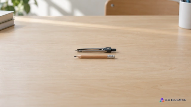 Petit compas fermé et petit crayon horizontal entiers au centre d’une table scolaire claire.