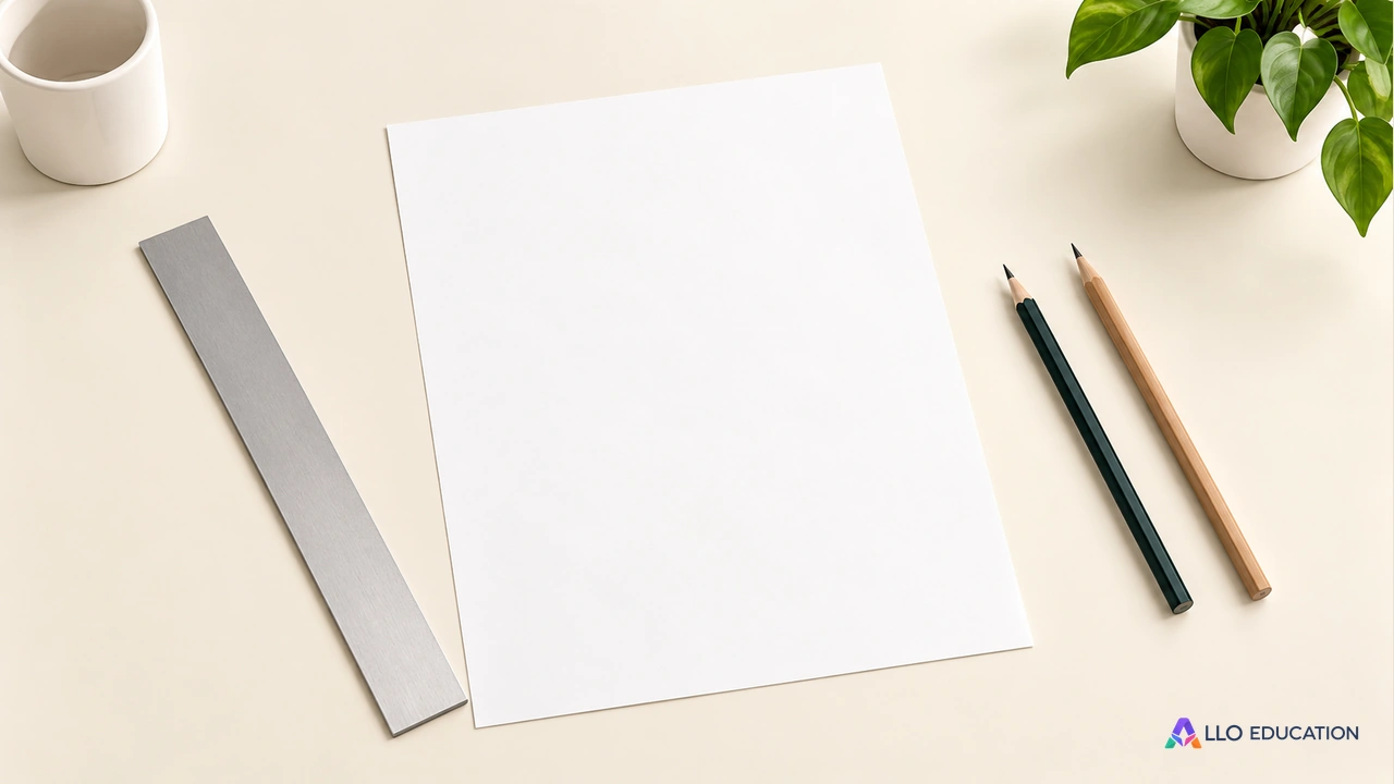Une règle droite neutre, deux crayons sobres et une feuille entièrement vierge sur un bureau clair.